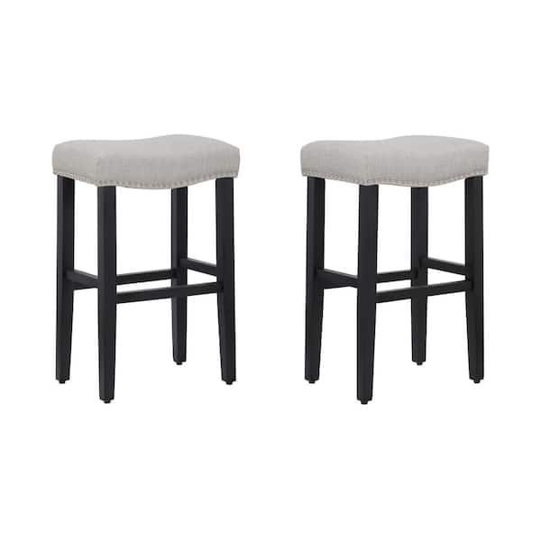 Jameson 29 in. Bar Height Black Wood Backless Barstool with Upholstered Gray Linen Saddle Seat Stool (Set of 2)