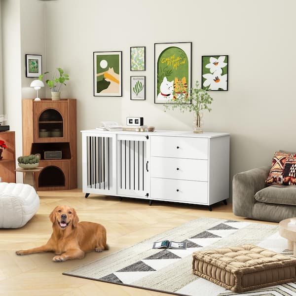 FUFU&GAGA Dog House Furniture Style Dog Crate Storage Cabinet, Large Dog Crate with 3-Drawers for Large Medium Small Dogs, White