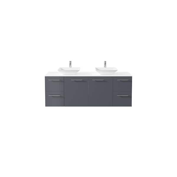 Eviva Luxurious 60 in. Double Sink Floating Gray Bath Vanity with White White Quartz Top (Assembled)