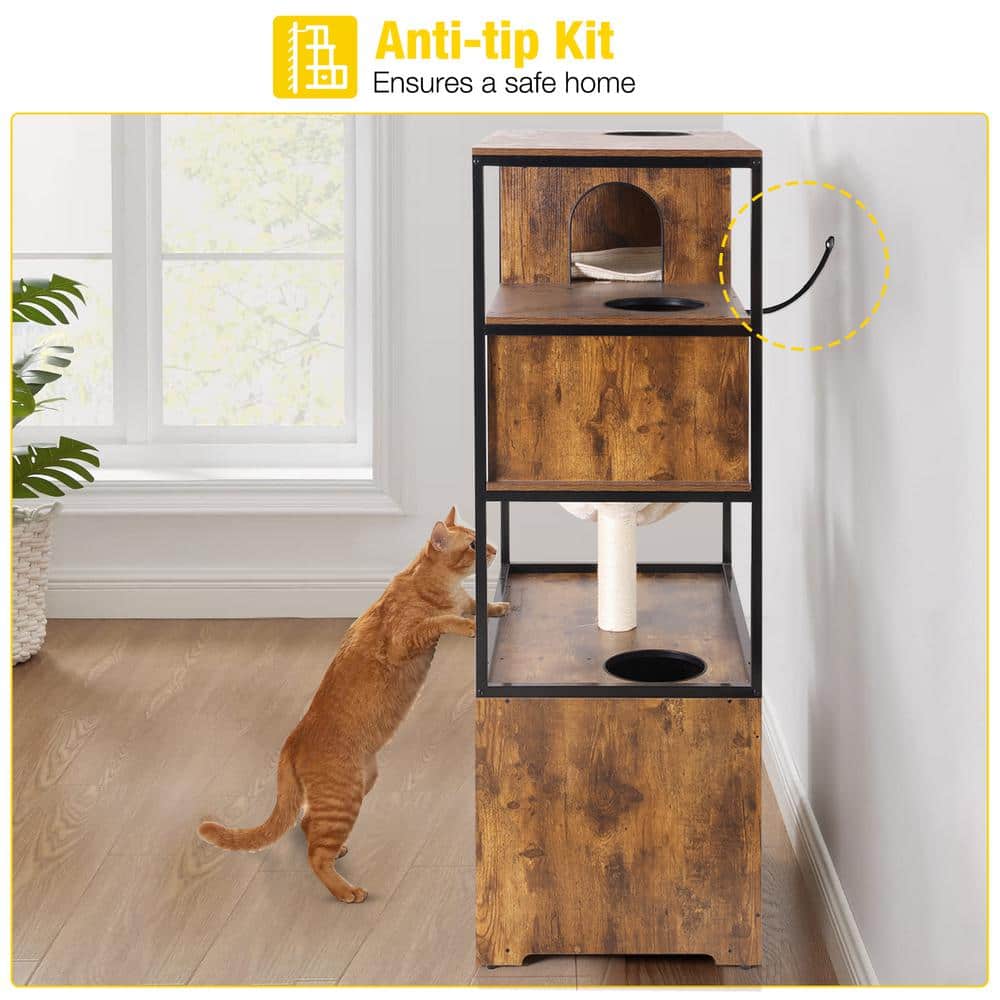 Brown Wooden 3-Story Cat Condo with Sisal Scratching Post