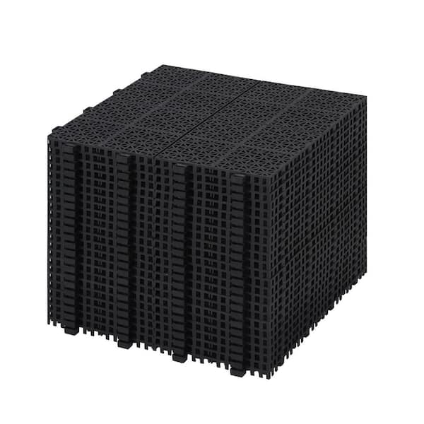 FIROMO 12 in. x 12 in. Plastic Black Rosette Pattern Interlocking Floor, Outdoor Patio Deck All-Weather Tiles (24-Pack)