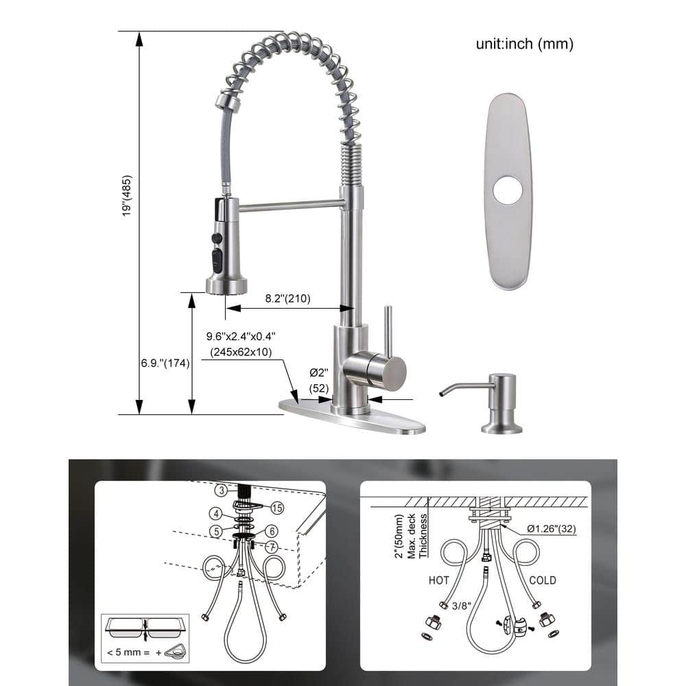 Brushed Nickel Single Handle Pull Down Kitchen Faucet with Soap Dispenser