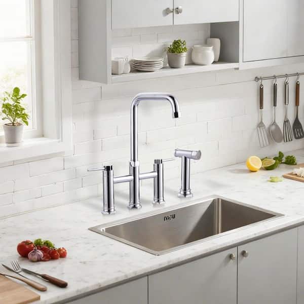 8 in. Double Handle Bridge Kitchen Faucet with Pull-Out Sprayer in Polished Chrome