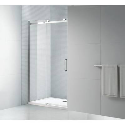 Tidy 60 in. L x 32 in. W x 78 in. H Alcove Shower Kit with Sliding Frameless Shower Door in Chrome and Shower Pan