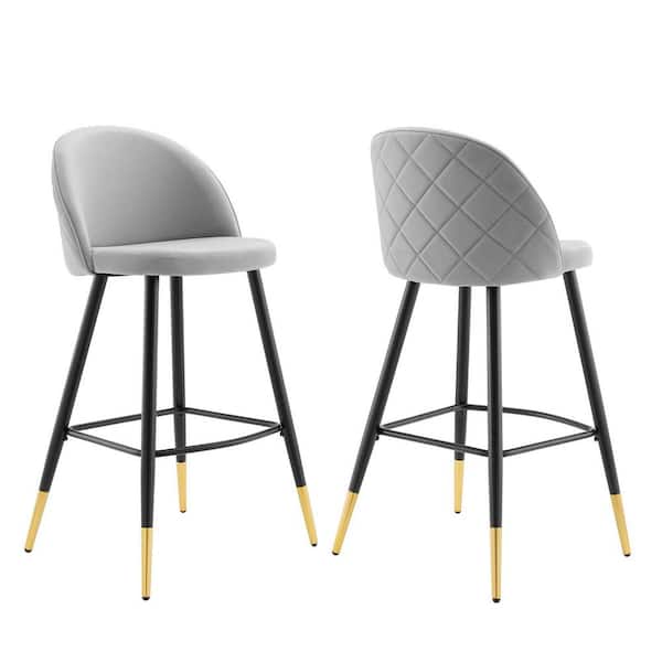 MODWAY Cordial 40.5 in. Light Gray Low Back Metal Frame Cushioned Bar Stool with Velvet Seat (Set of 2)