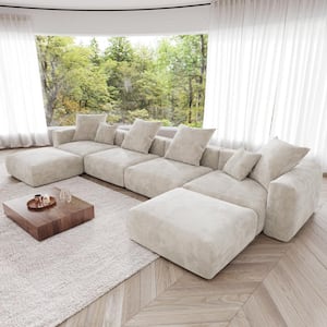 181 in. W Square Arm Corduroy Velvet U-Shaped Free Combination Sofa with Ottoman in Beige