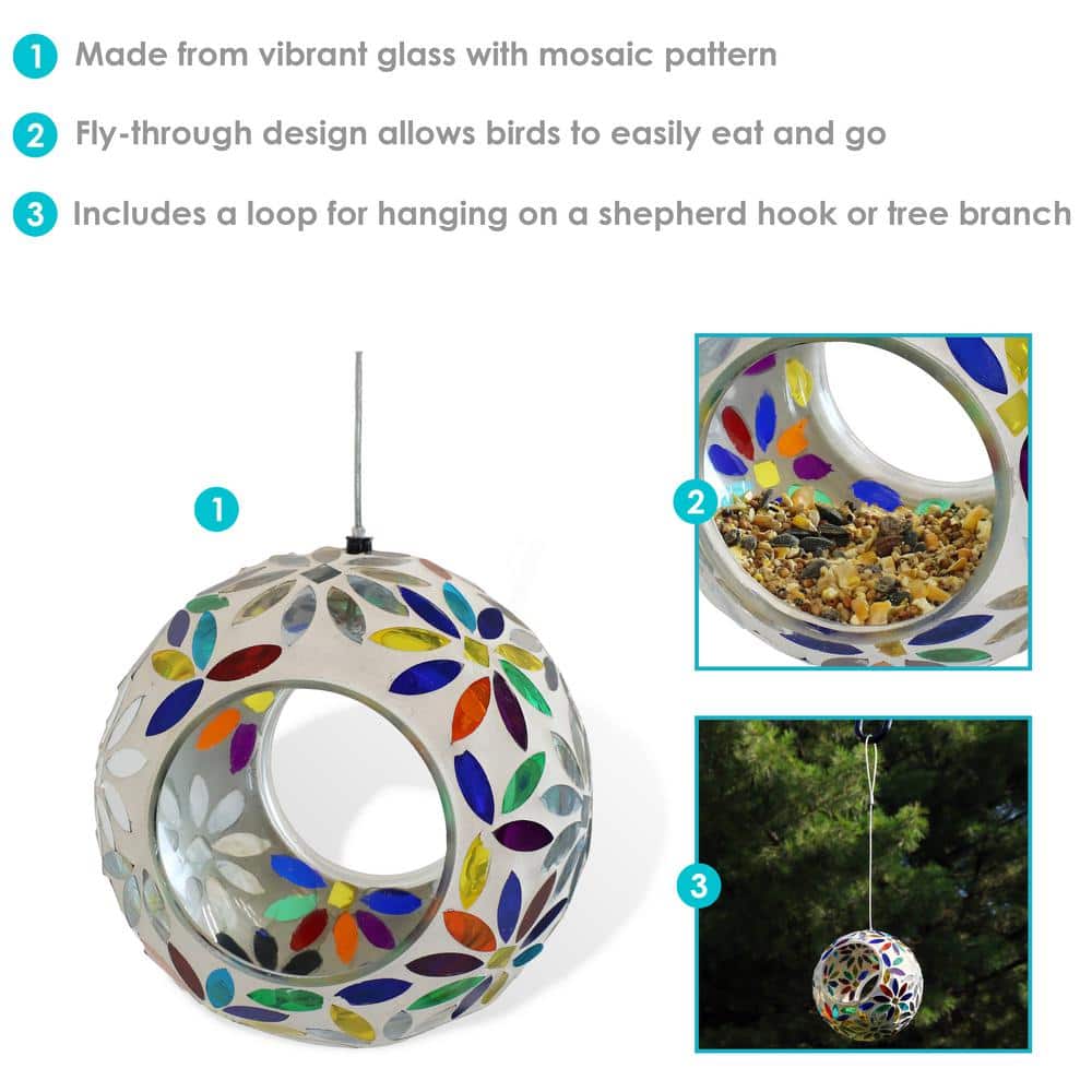 6-Inch Round Glass Mosaic Hanging Bird Feeder with Rainbow Daisies