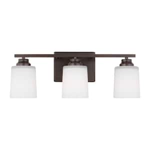 Vinton 20.75 in. 3-Light Bronze Bathroom Vanity Light with Etched White Glass Shades, LED Light Bulbs Included