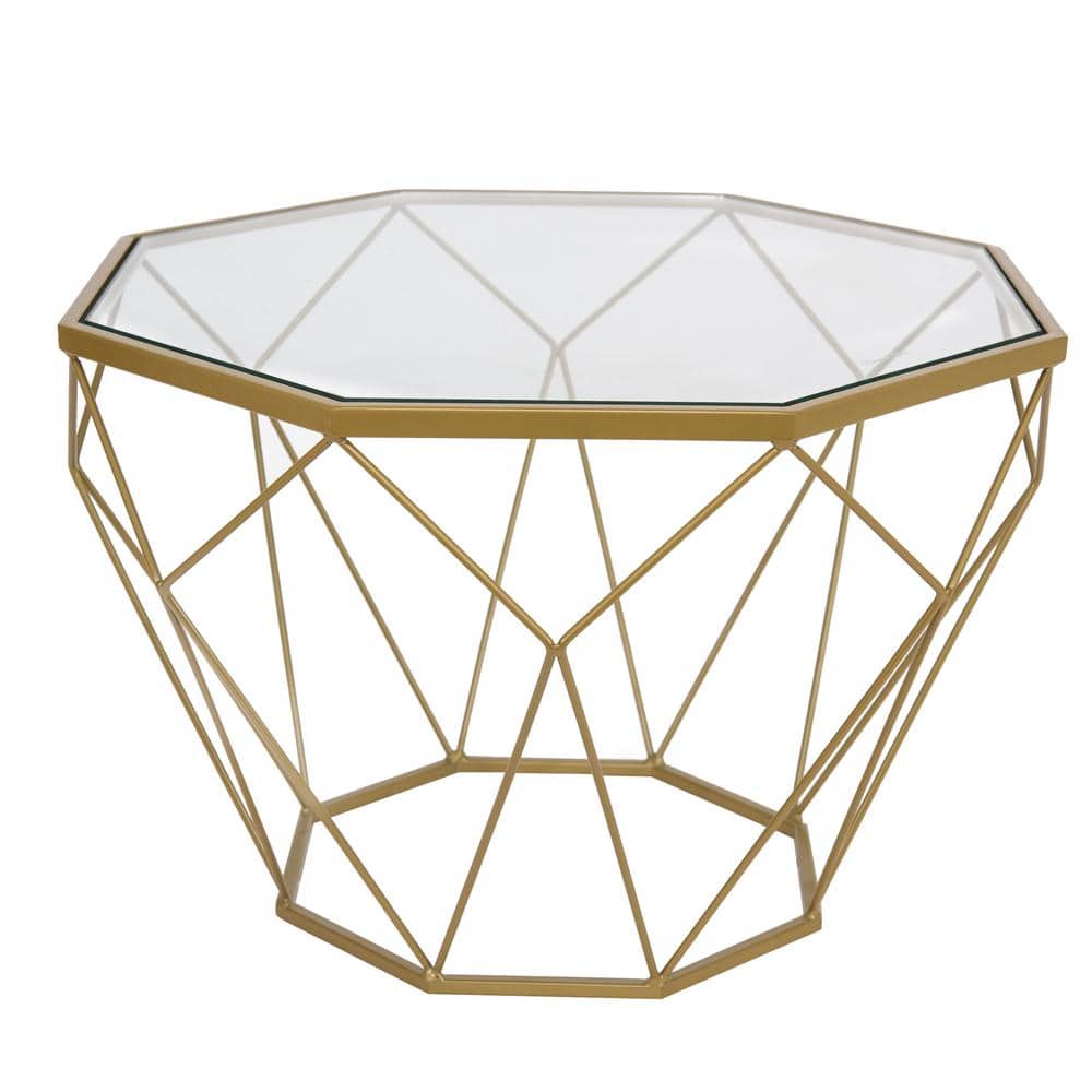 Malibu 22" Gold Octagon Glass Coffee Table with Geometric Metal Base