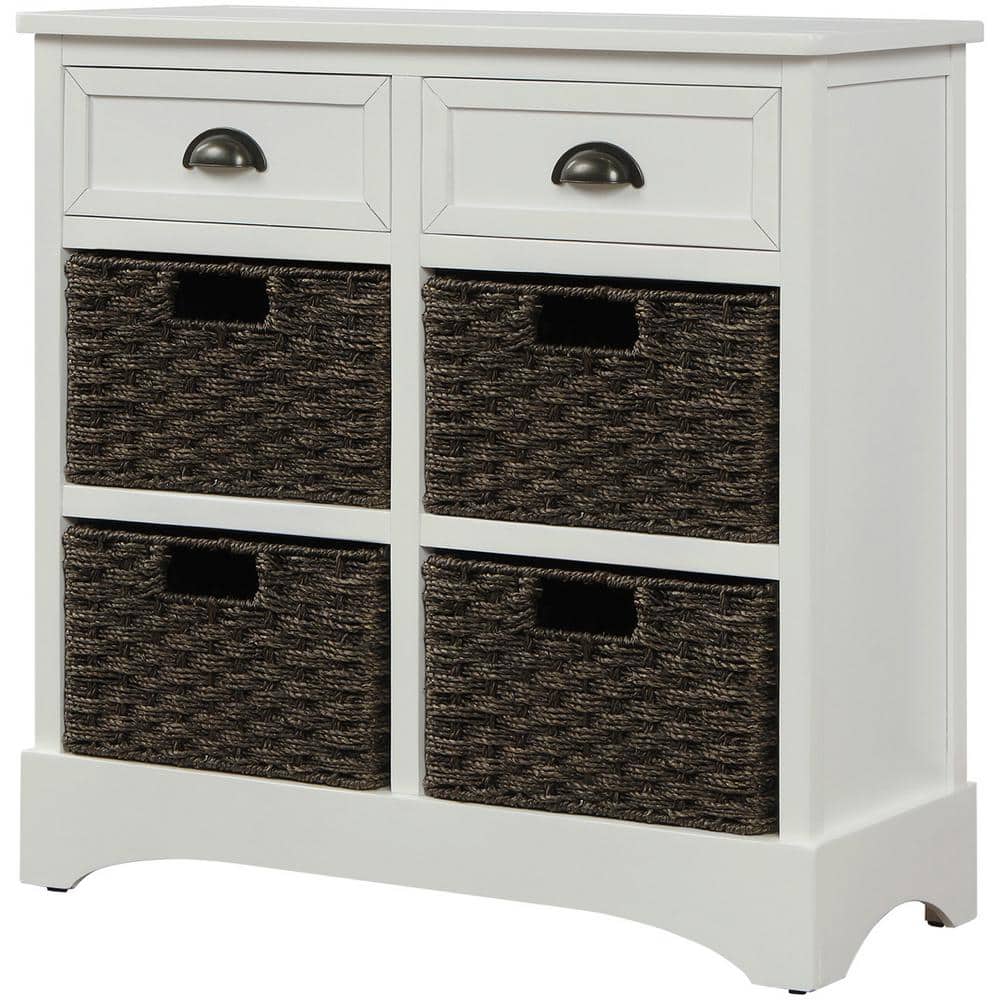 Rustic Storage White Cabinet with 2-Drawers and 4-Classic Rattan Basket for