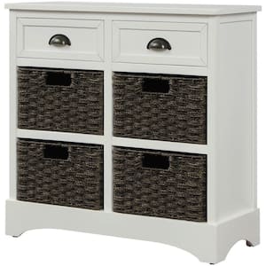 Rustic Storage White Cabinet with 2-Drawers and 4-Classic Rattan Basket for Dining Room/Living Room