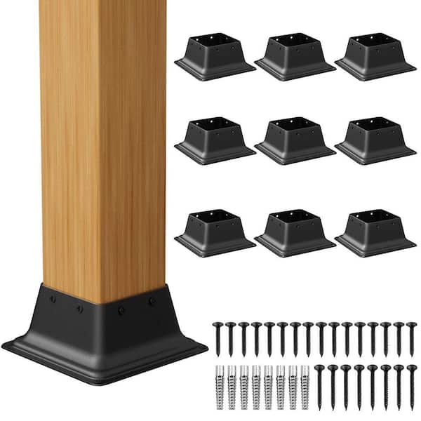 6 in. x 6 in. x 2.5 in. Black Square Steel Post Base, Standard Wood Deck Post Base for Wood Fence and Pavilion (10-Pack)