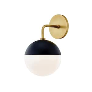Renee 1-Light Aged Brass/Black Wall Sconce with Opal Glossy Shade