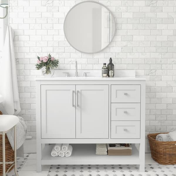 Carnegy Avenue 42 in. W x 19 in. D x 38 in. H Single Sink Freestanding Bath Vanity in White with White Stone Top