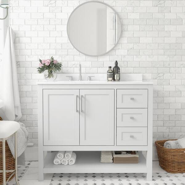 TAYLOR + LOGAN 42 in. W x 19 in. D x 38 in. H Single Sink Freestanding Bath Vanity in White with White Stone Top