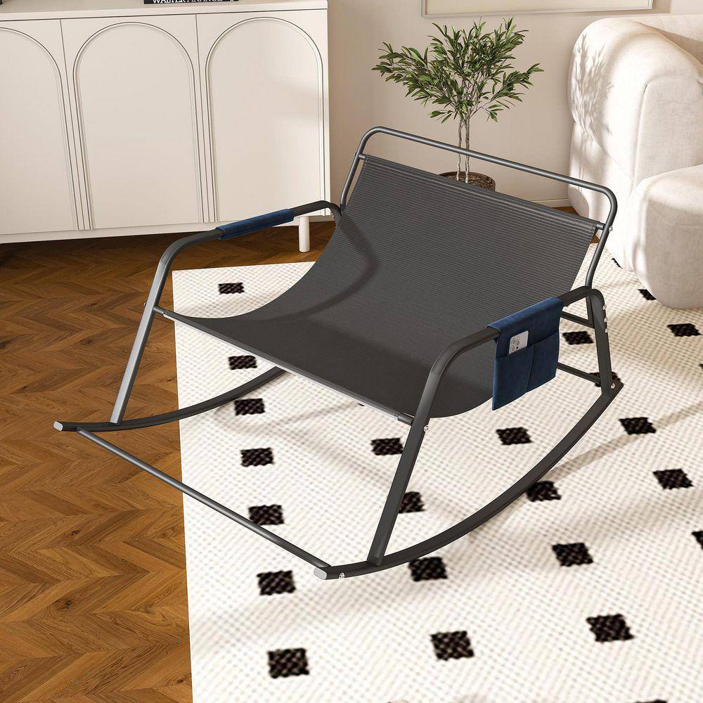 Blue Therapy Rocking Chair Blue Iron Recliner with Cushions, Arms Storage, All-Season Comfort ...