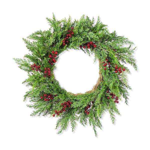 24 in. D Greenery PE Dripping Cedar Unlit Artificial Christmas Wreath with Red Berries
