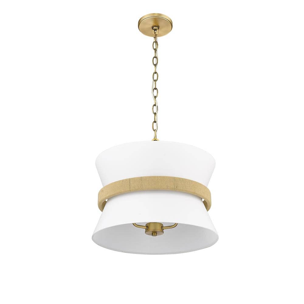 Vintage Brass Hourglass Pendant Light with White Drum Shade