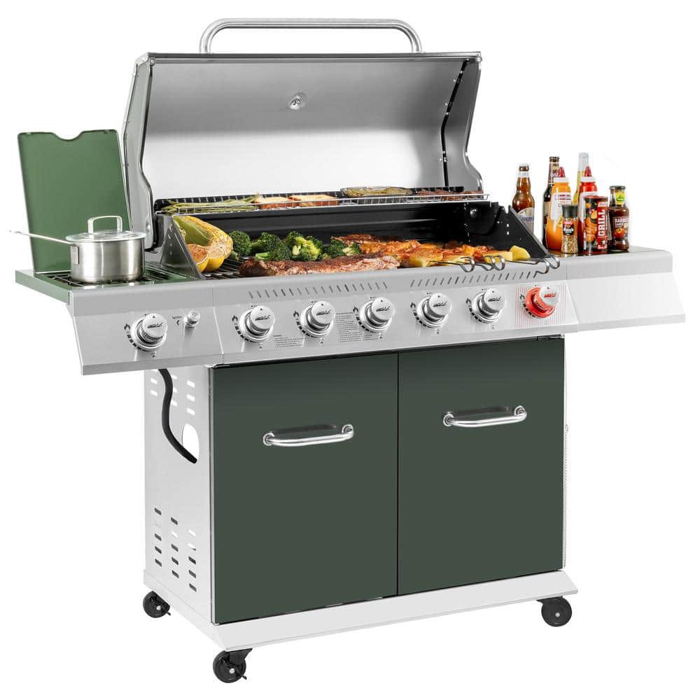Olive Green Stainless Steel 6-Burner Propane Gas Grill with Side Burner