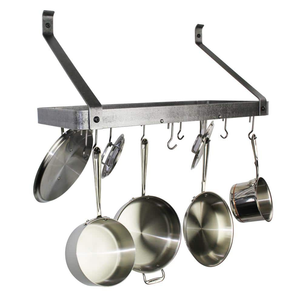Hammered Steel Wall Mounted Pot Rack with Hooks