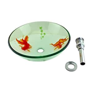 Koi Fish 16-1/2 in. Round Glass Vessel Bathroom Sink in Clear Design with Drain