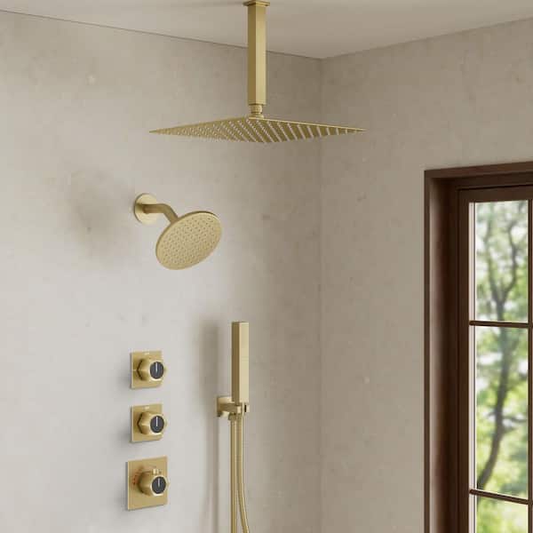 3-Handles Thermostatic Valve 5-Spray 12 and 6 in 2.5 GPM Shower Faucet with 2-Function Handheld in Brushed Gold