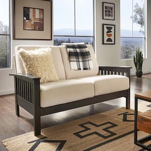 60 in. Beige Linen Mission-Style Wood Loveseat