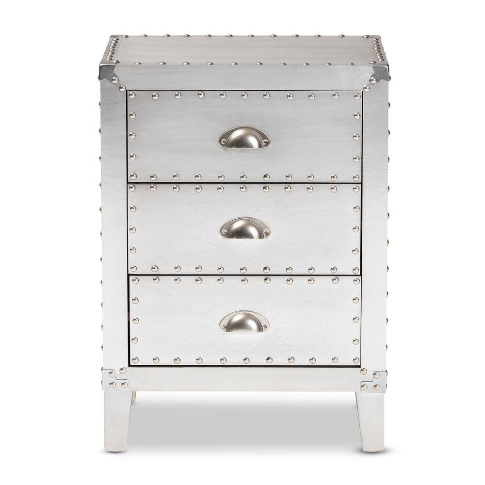 Claude Riveted Silver Metal 3-Drawer Nightstand