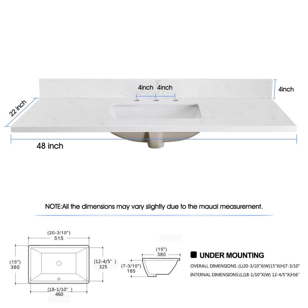 48" White Engineered Stone Vanity Top with Center Sink