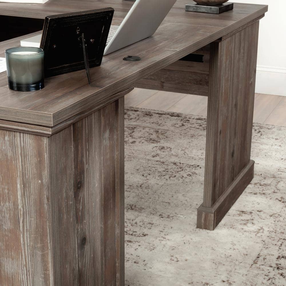 66" Brown Wood L-Shaped Desk with Drawers and Keyboard Tray