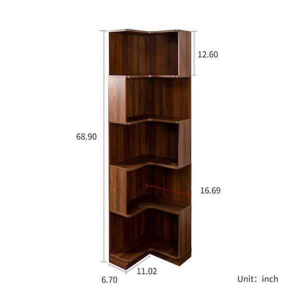 Nathan 68.9 in. Tall Walnut Wood 5-Shelf Accent Storage Bookcase with Baffle, Led Lights