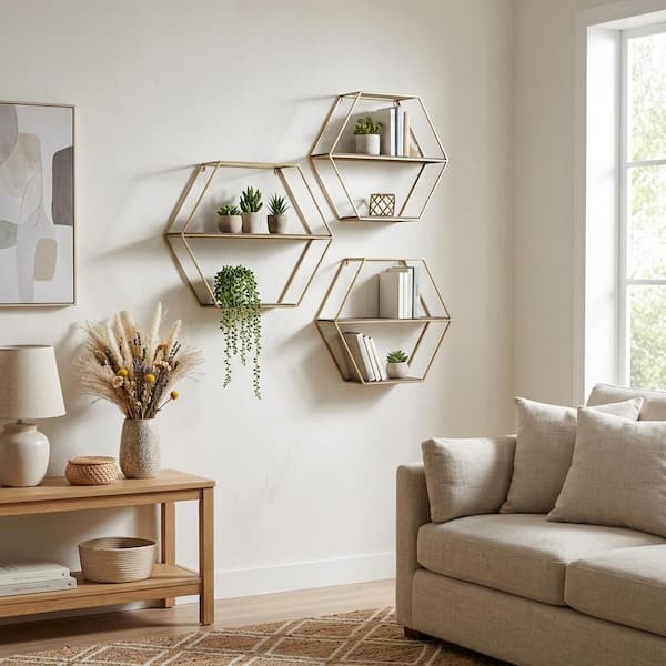 Gold/Brown 26 in. x 7 in. Wood and Metal Hexagon Folding Decorative Wall Shelf (Set of 3)