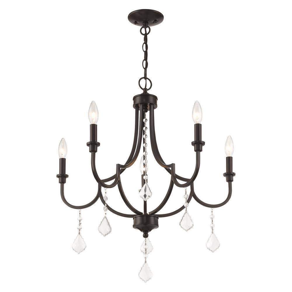 Mini English Bronze 5-Light Crystal Chandelier with Candelabra Bulbs
