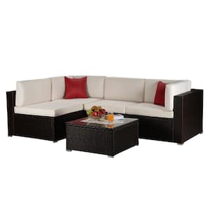 Brown 5-Piece PE Wicker Patio Conversation Sectional Set with Beige Cushions and Red Pillows Outdoor Furniture Sets