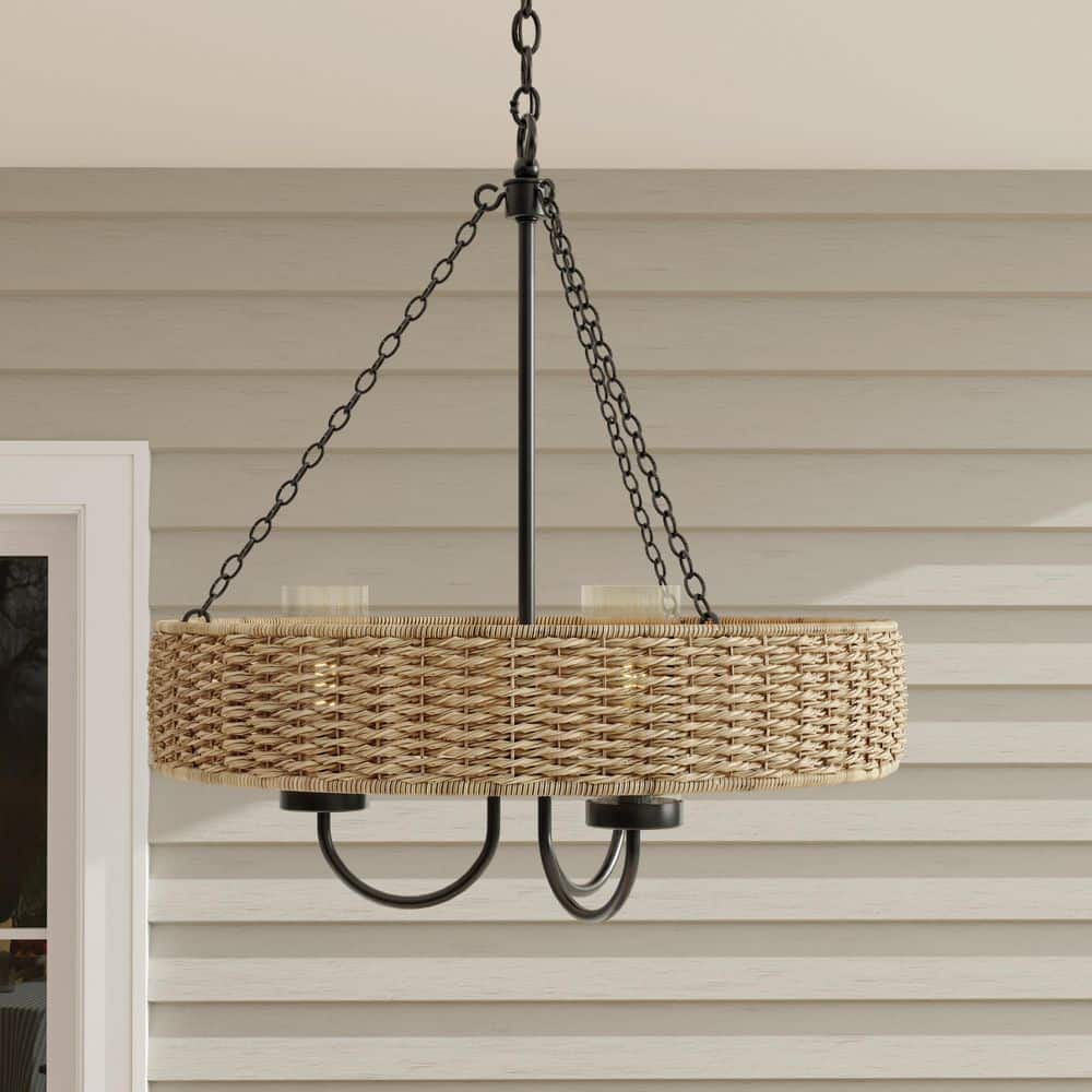 Pembroke Matte Black Outdoor Chandelier with Mocha Rattan and Seeded Glass