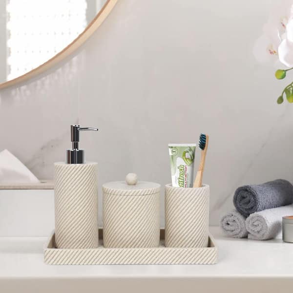 Beige Resin Bathroom Accessory Set, 5 Pcs Bathroom Accessories Set with  Lotion Dispenser,Soap Dish,Toothbrush Holder,Vanity Tray,Qtip Holder