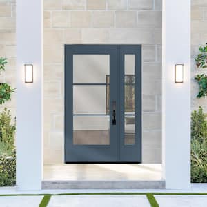 Legacy 53 in. x 80 in. Icon 3 Lite Modern Clear Glass RHOS Dark Denim Mahogany Fiberglass Prehung Front Door 14 in. SL