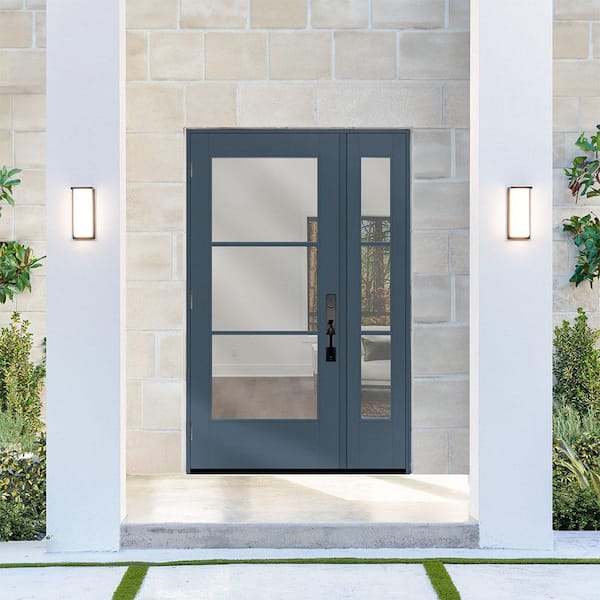 Legacy 53 in. x 80 in. Icon 3 Lite Modern Clear Glass RHOS Dark Denim Mahogany Fiberglass Prehung Front Door 14 in. SL