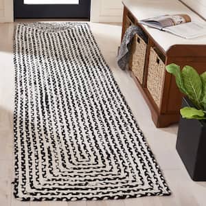 Braided Black Ivory 2 ft. x 9 ft. Abstract Striped Runner Rug