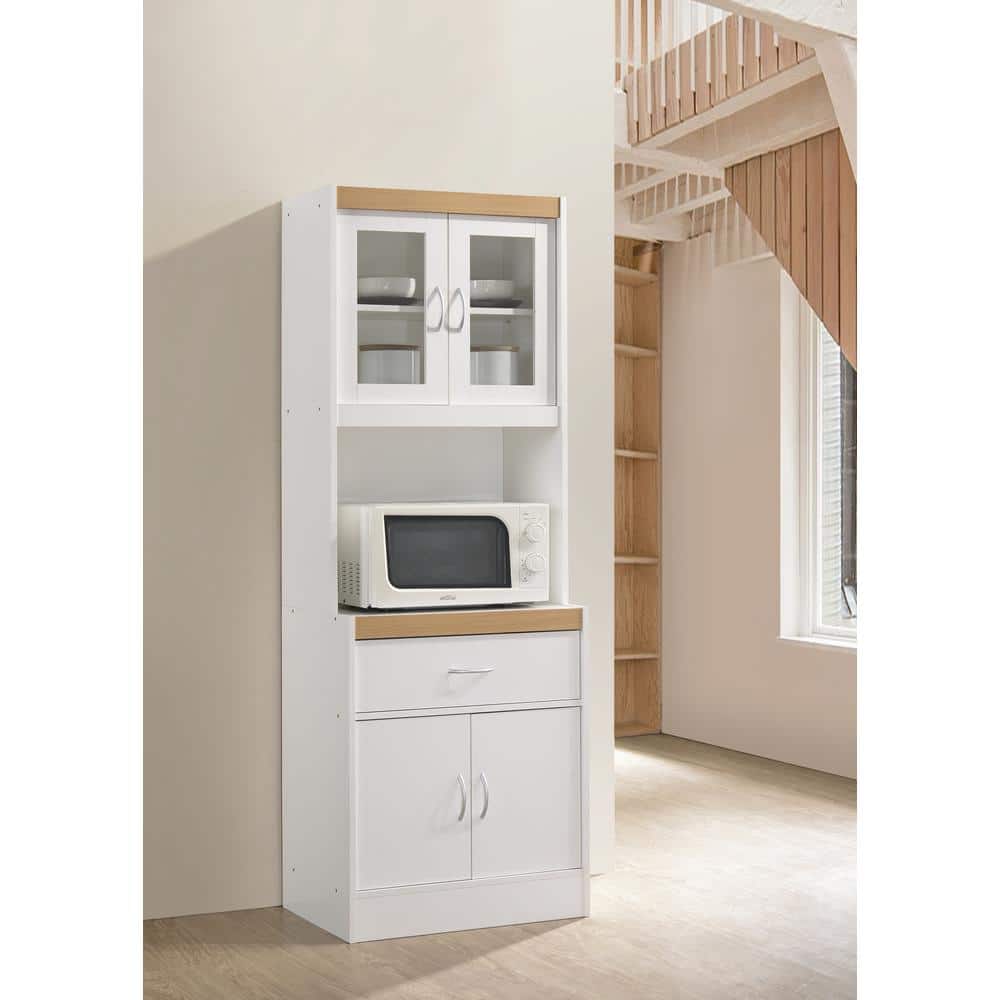 White Freestanding Kitchen Storage Cabinet with Microwave Space