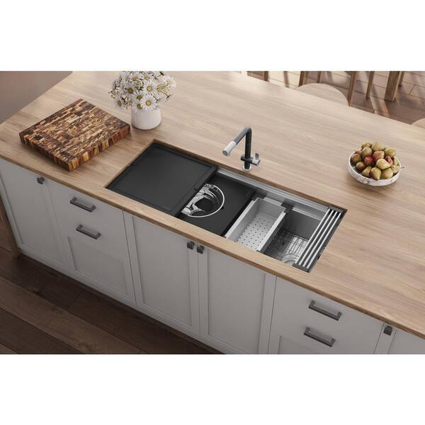 63 Workstation Sink - Double Bowl with Offset Drains - Reversible