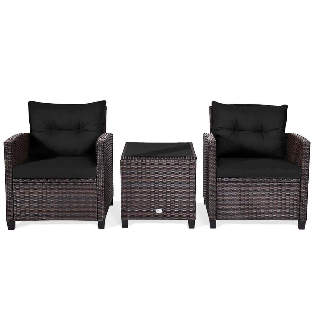 Black Cushioned 3-Piece Steel Frame Outdoor Conversation Set