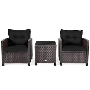Brown 3-Pieces Wicker Patio Conversation Set Outdoor Rattan Furniture with Black Cushions