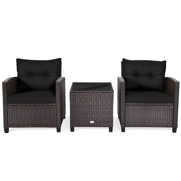 HONEY JOY Brown 3-Pieces Wicker Patio Conversation Set Outdoor Rattan Furniture with Black Cushions