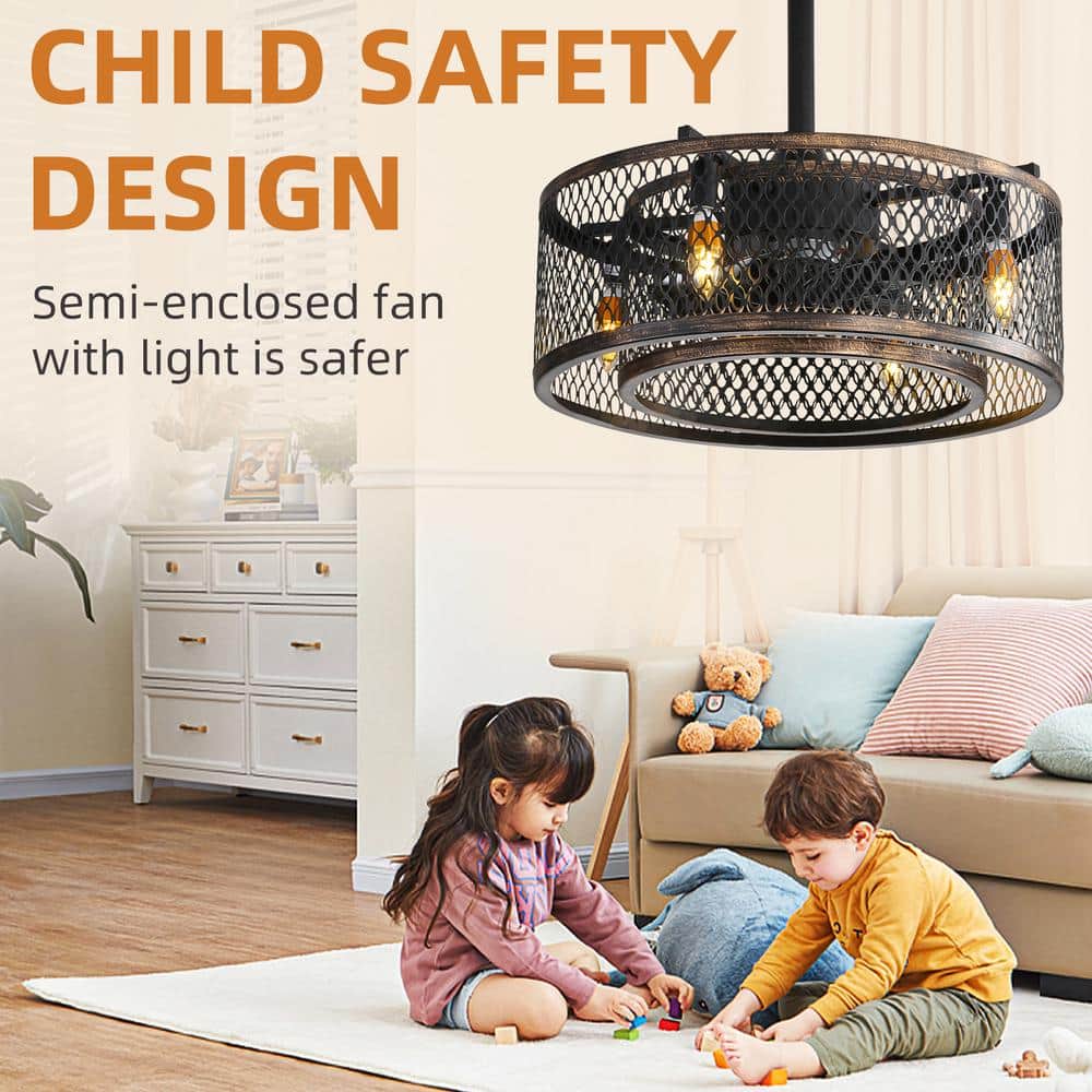 20" Black Steel Caged Ceiling Fan with Warm Lighting and Remote Control