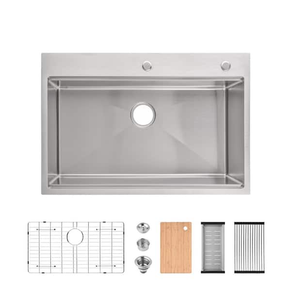 Vitrina 33 in. Drop-In Single Bowl 20 Gauge Brushed Chrome Stainless Steel Kitchen Sink with Cutting Board,Colander,Grid
