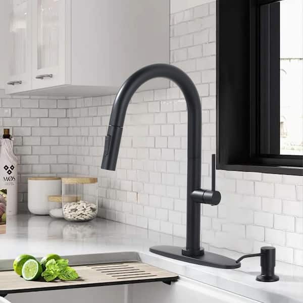 2-Functions Stainless Steel Single Handle Pull Down Sprayer Kitchen Faucet with Soap Dispenser Included in Matte Black