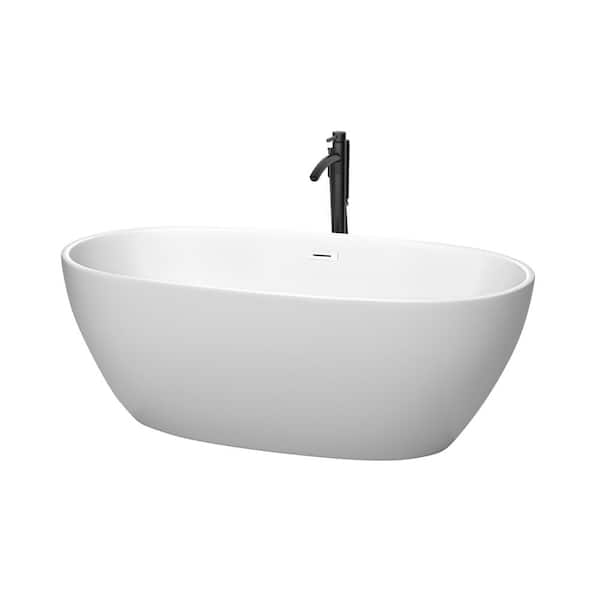 Wyndham Collection Juno 63 in. Acrylic Flatbottom Bathtub in Matte White with Shiny White Trim and Matte Black Faucet