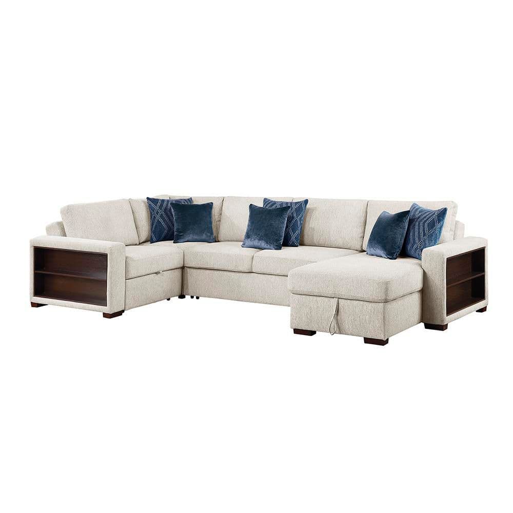 Deleon 140 in. Track Arm Microfiber 4-Piece Sectional Sofa with Reversible Chaise, Storage and Pull-out Bed in Beige