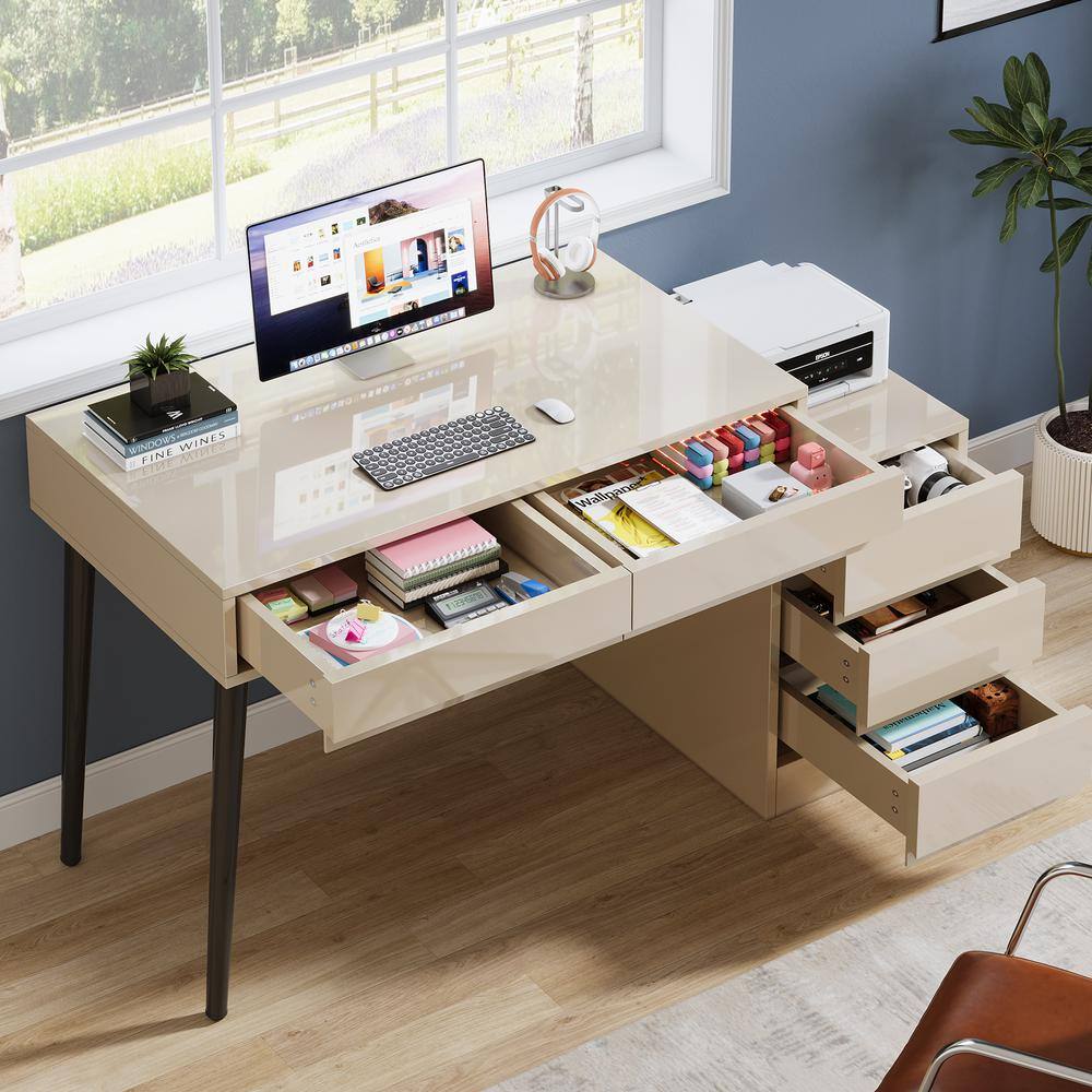 Ellie Sand Makeup Vanity Desk with Reversible 5-Drawers - thumbnail 3